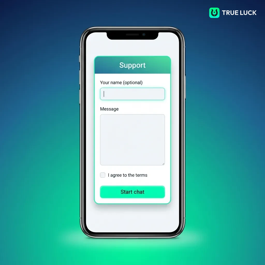 TrueLuck customer support team available 24/7 in Spanish via live chat, email, contact form, and FAQ section