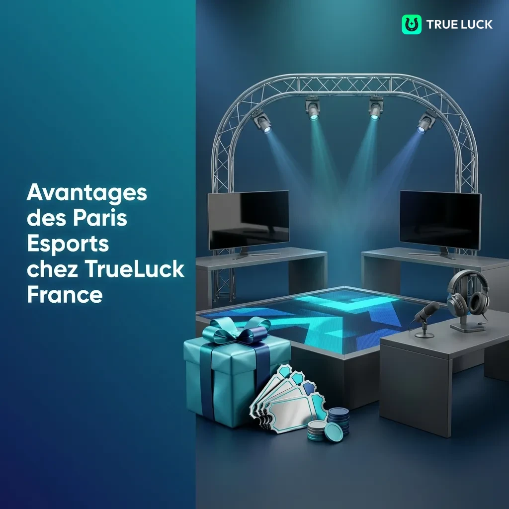 TrueLuck France esports betting platform showcasing welcome bonus, payment methods, mobile app, and customer support features