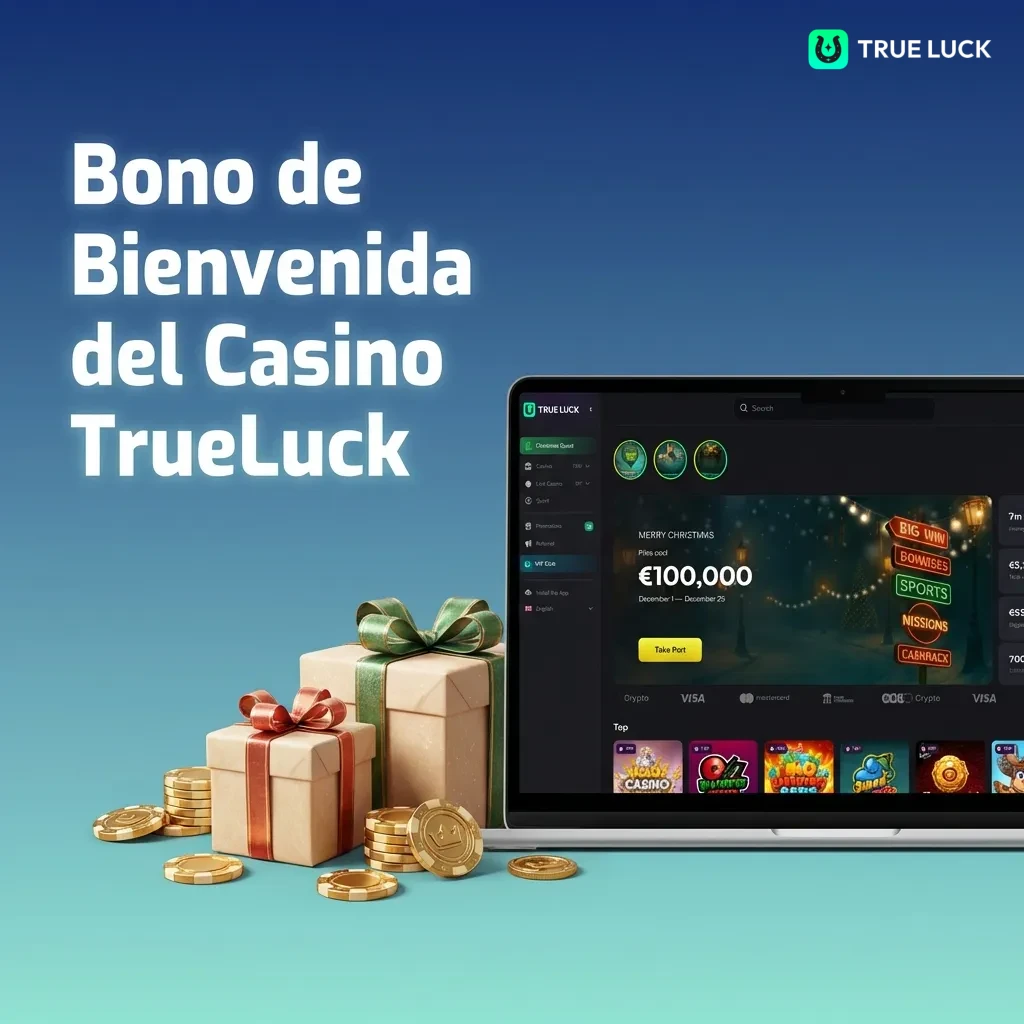 Casino TrueLuck welcome bonus showing three options: slots bonus with free spins, live casino bonus, and sports bonus.