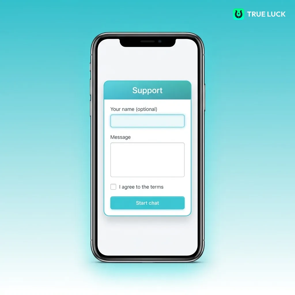 TrueLuck's 24/7 customer support interface showing live chat, email, FAQ, and phone contact options for players