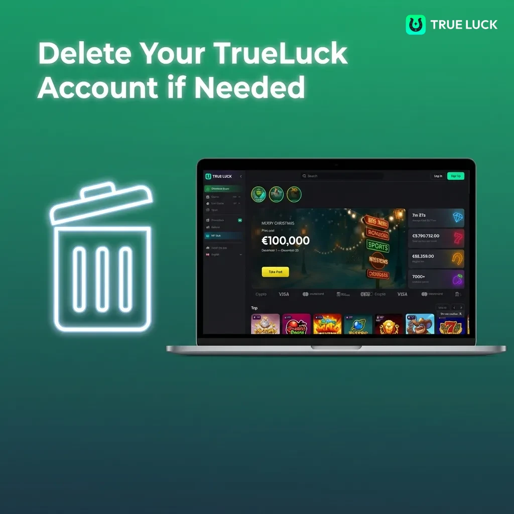 TrueLuck account deletion steps shown in settings menu with close account option highlighted