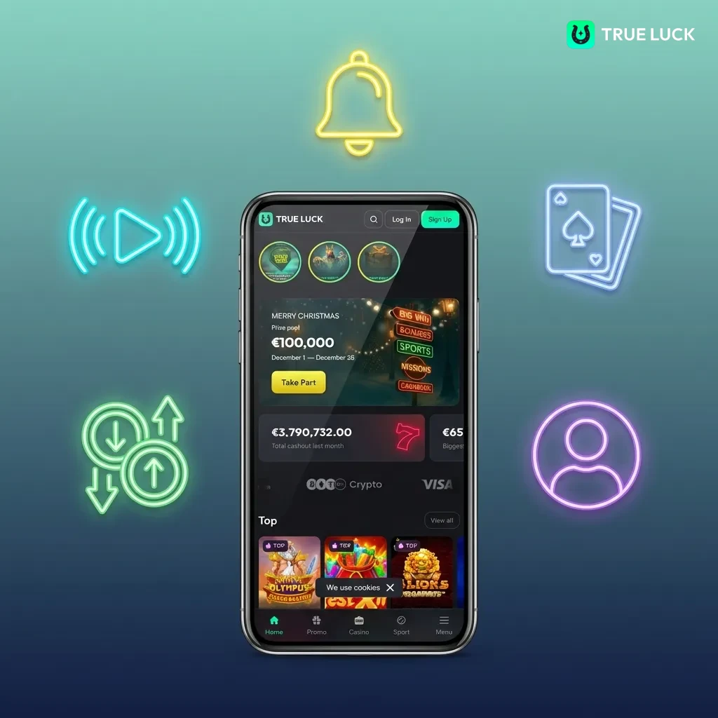 Interface mobile TrueLuck avec paris sportifs en direct, jeux de casino, options de dépôt et notifications push