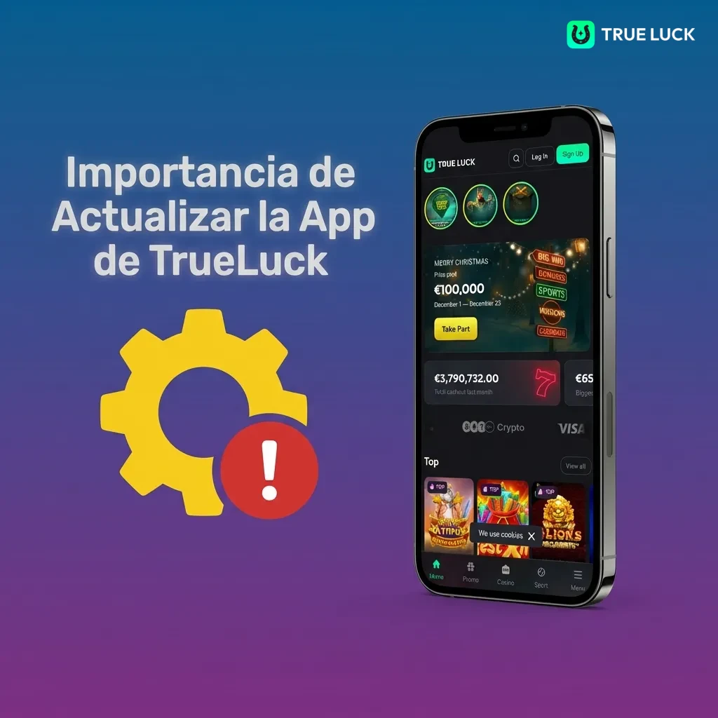 Smartphone displaying TrueLuck app update notification with security icons and gaming interface improvements