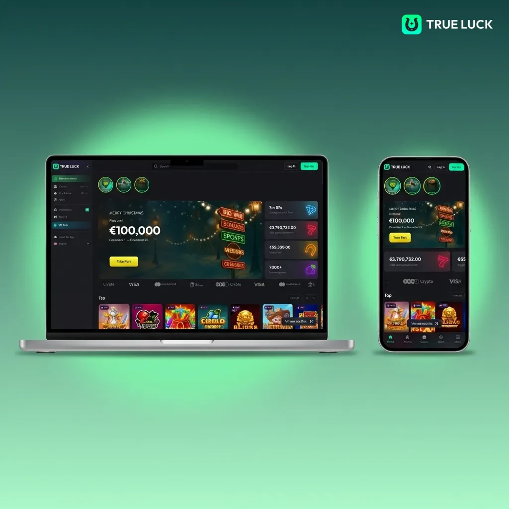 TrueLuck website interface met navigatiebalk voor sportweddenschappen, casino, live dealer games en promoties