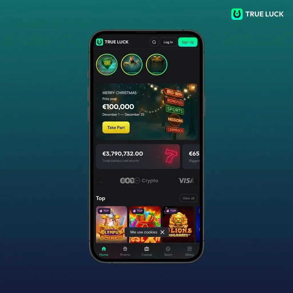 Interfaz móvil de TrueLuck mostrando menús de deportes, casino, en vivo y promociones en la parte inferior