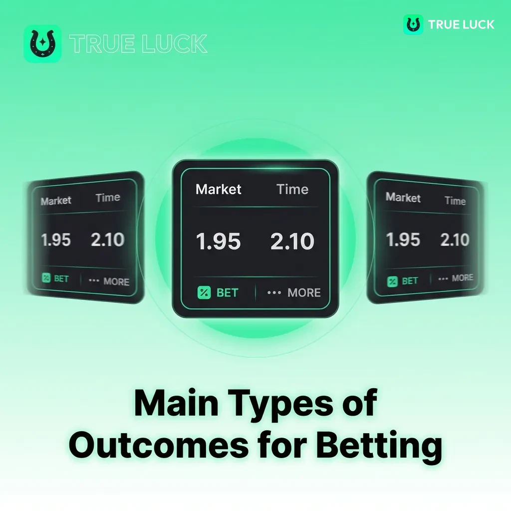 Infographic showing five main betting outcome types: Match Winner, Over/Under, Handicap, Both Teams to Score, and Correct Score