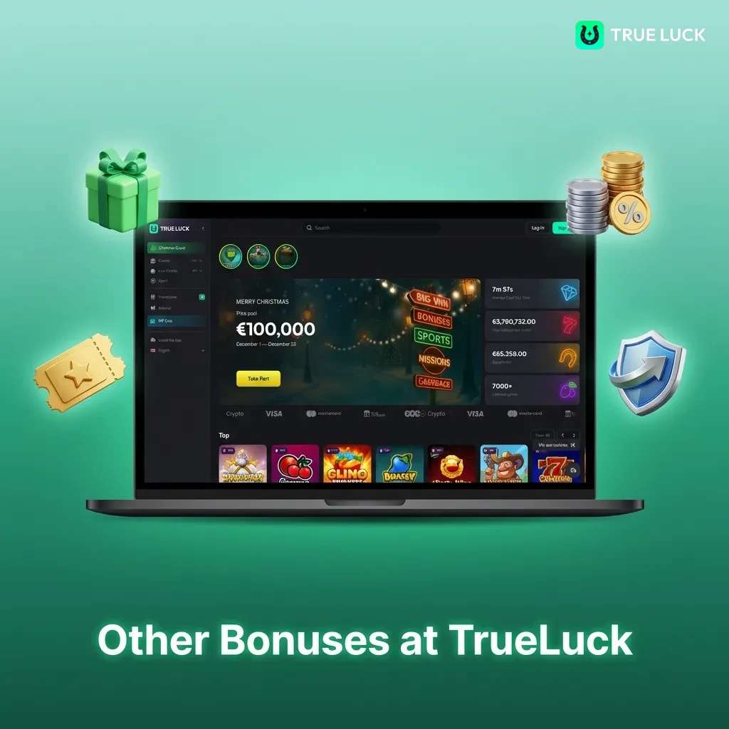 TrueLuck casino bonuses including reload offers, cashback, free spins, and VIP program benefits for players