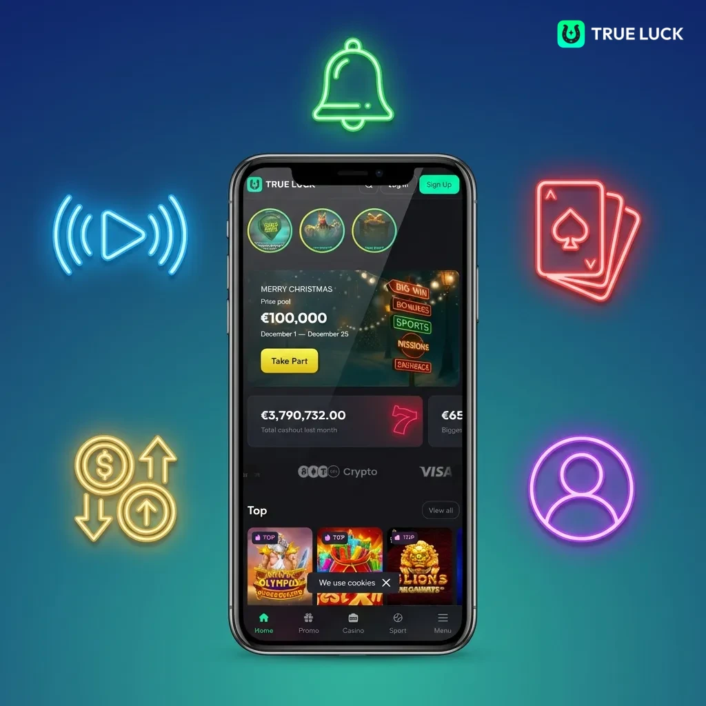 TrueLuck mobile app interface showing payment options, casino games, live betting, and French language support features