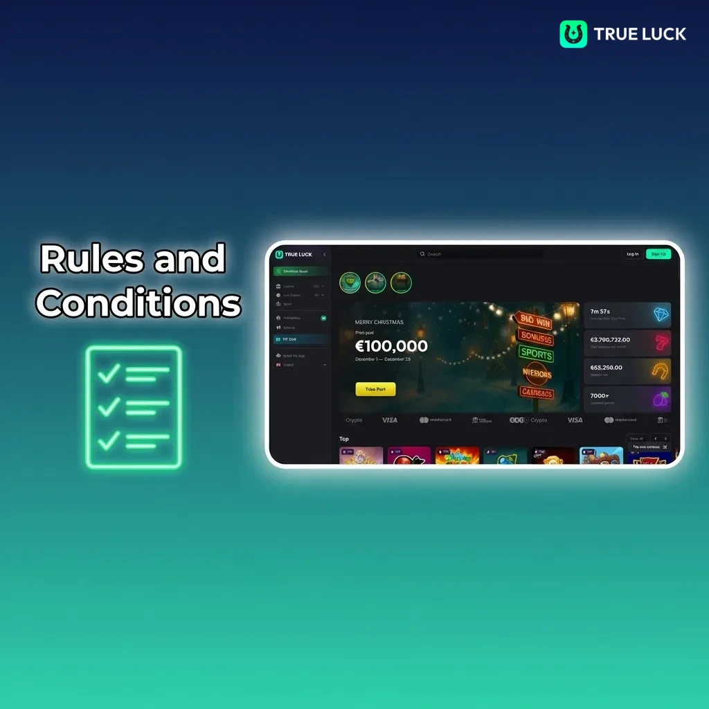 TrueLuck casino rules page showing age limits, account policies, wagering requirements, and restricted territories