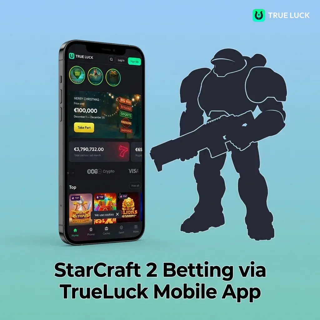 TrueLuck mobile app interface showing StarCraft II betting options and esports menu on smartphone screen