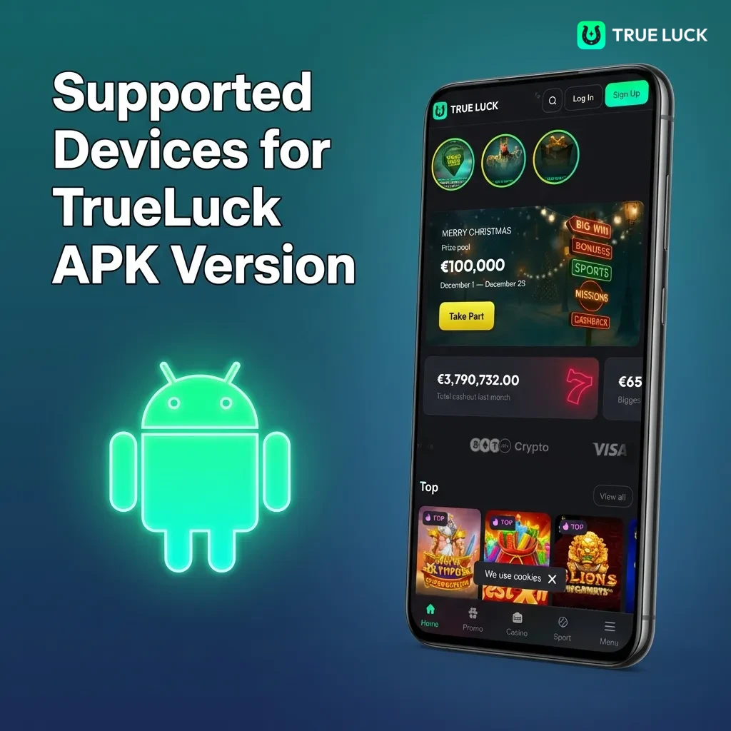 Table showing TrueLuck APK compatibility across Android brands including Samsung, Sony, Huawei, OnePlus, Oppo, Google, Xiaomi, Poco