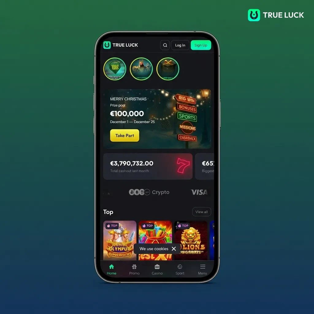 TrueLuck app showing bottom navigation bar with casino, live casino, and sportsbook sections for quick access to games