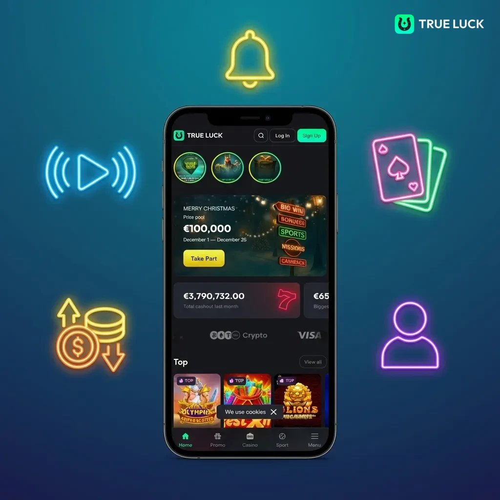 TrueLuck mobile app features: live betting, 3,200+ casino games, instant deposits, 24-hour withdrawals, and real-time notifications