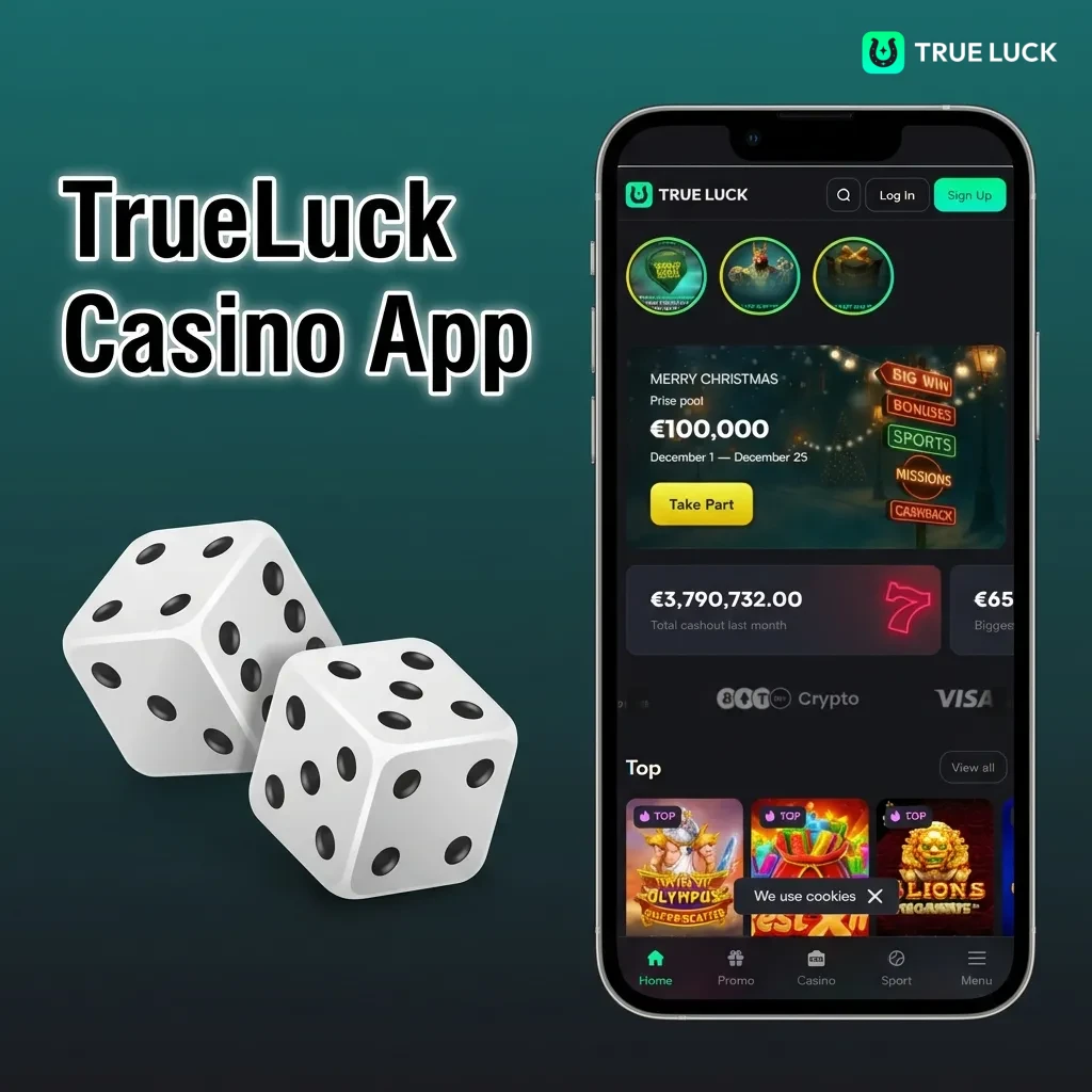TrueLuck Casino App interface showing live games, slots, table games, and sports betting options on mobile device