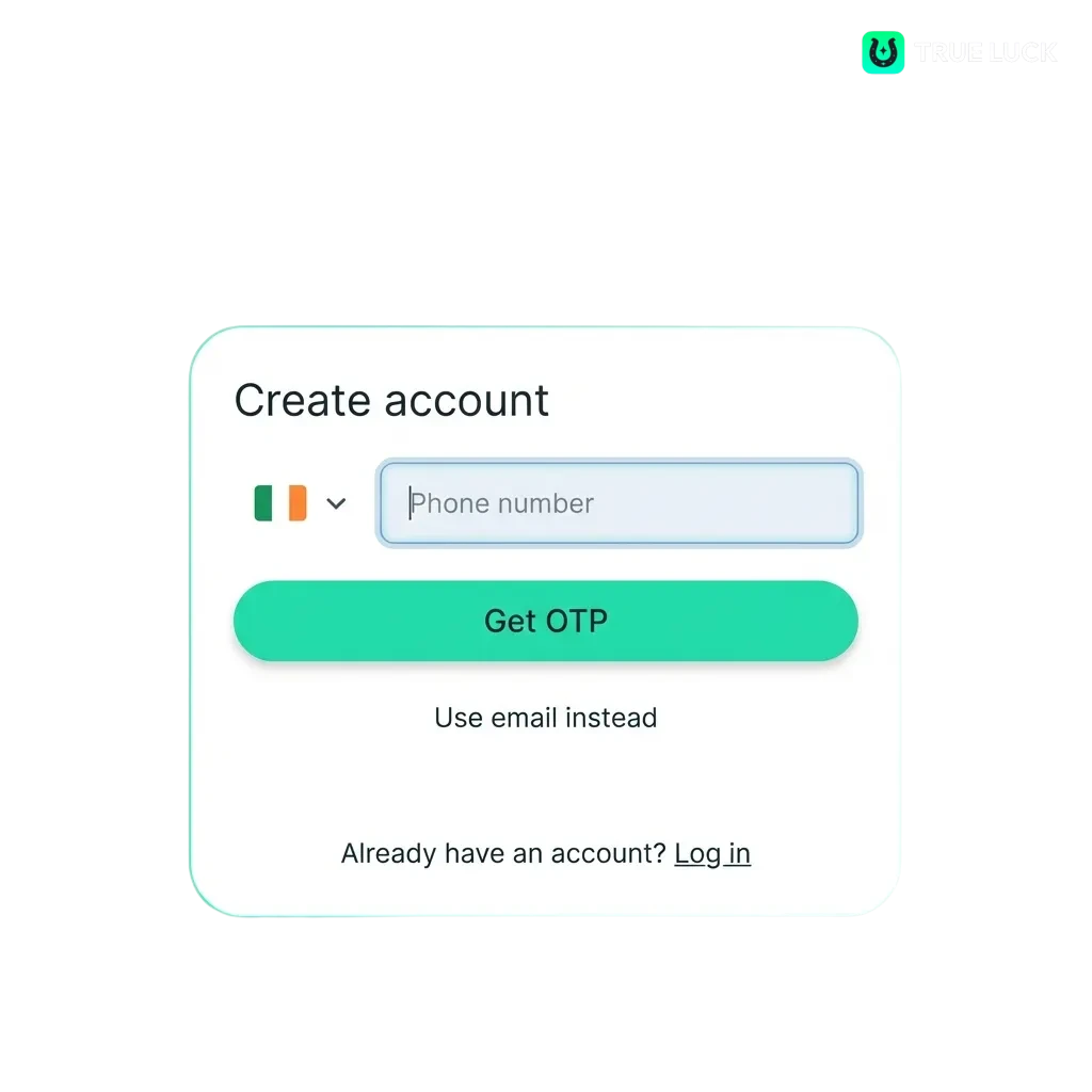 TrueLuck casino registration page showing login form and account verification steps for Irish players