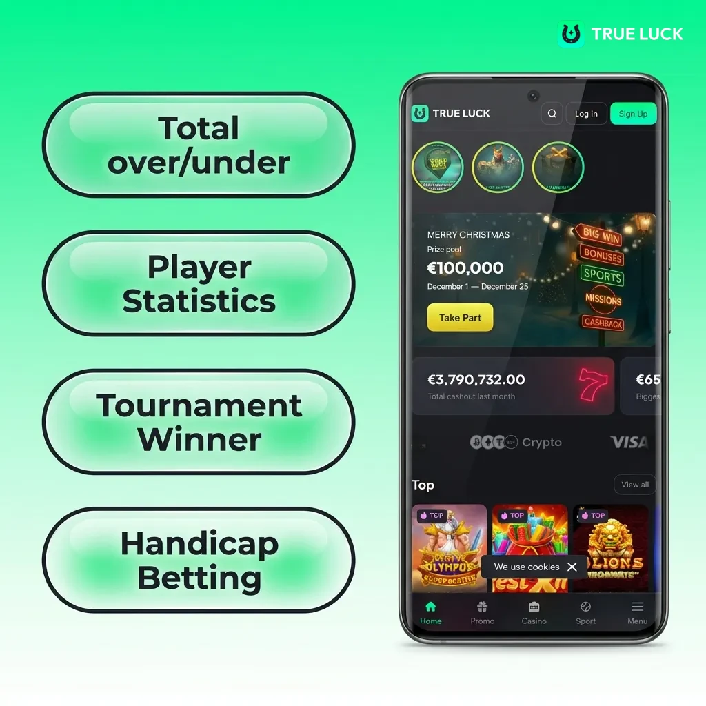Interface TrueLuck montrant les options de paris: simple, combiné, système, en direct et handicap disponibles