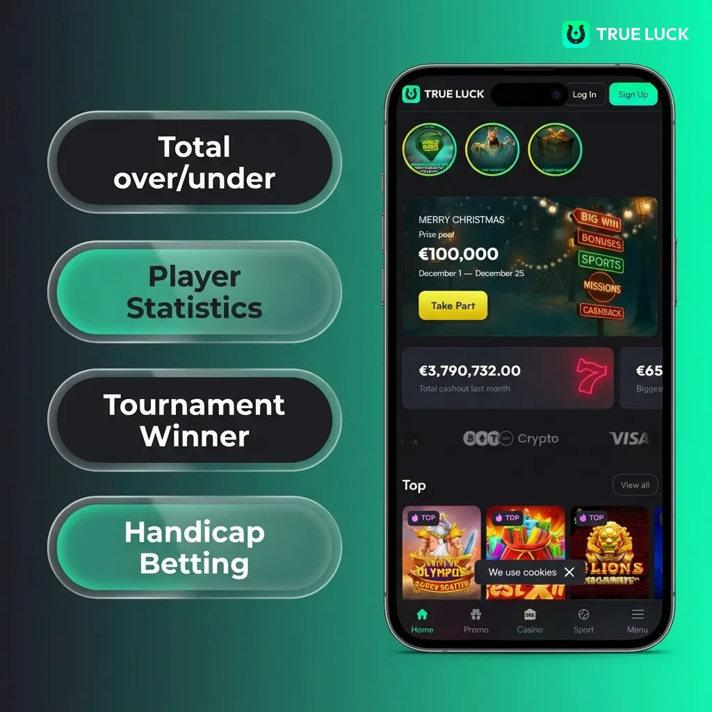 Smartphone displaying TrueLuck's betting app interface showing various bet types including single, accumulator, and each-way options