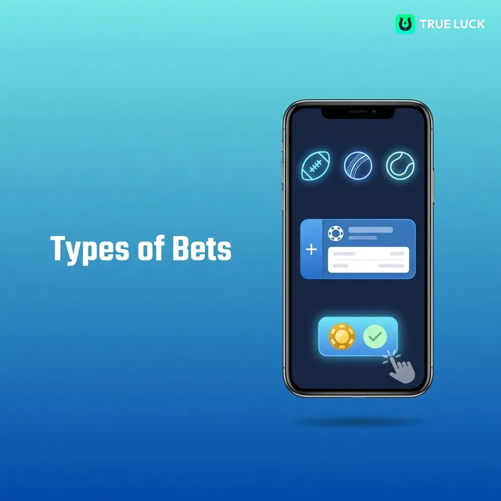 Diagram showing three betting types: Single Bet on one outcome, System Bet combining picks, and Express Bet requiring all wins.