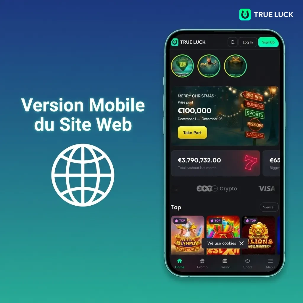 TrueLuck mobile website interface showing responsive design and browser-based gaming platform on smartphone screen