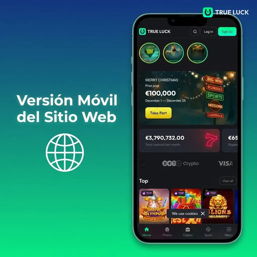 TrueLuck mobile website displaying responsive design on smartphone screen with optimized touch navigation interface