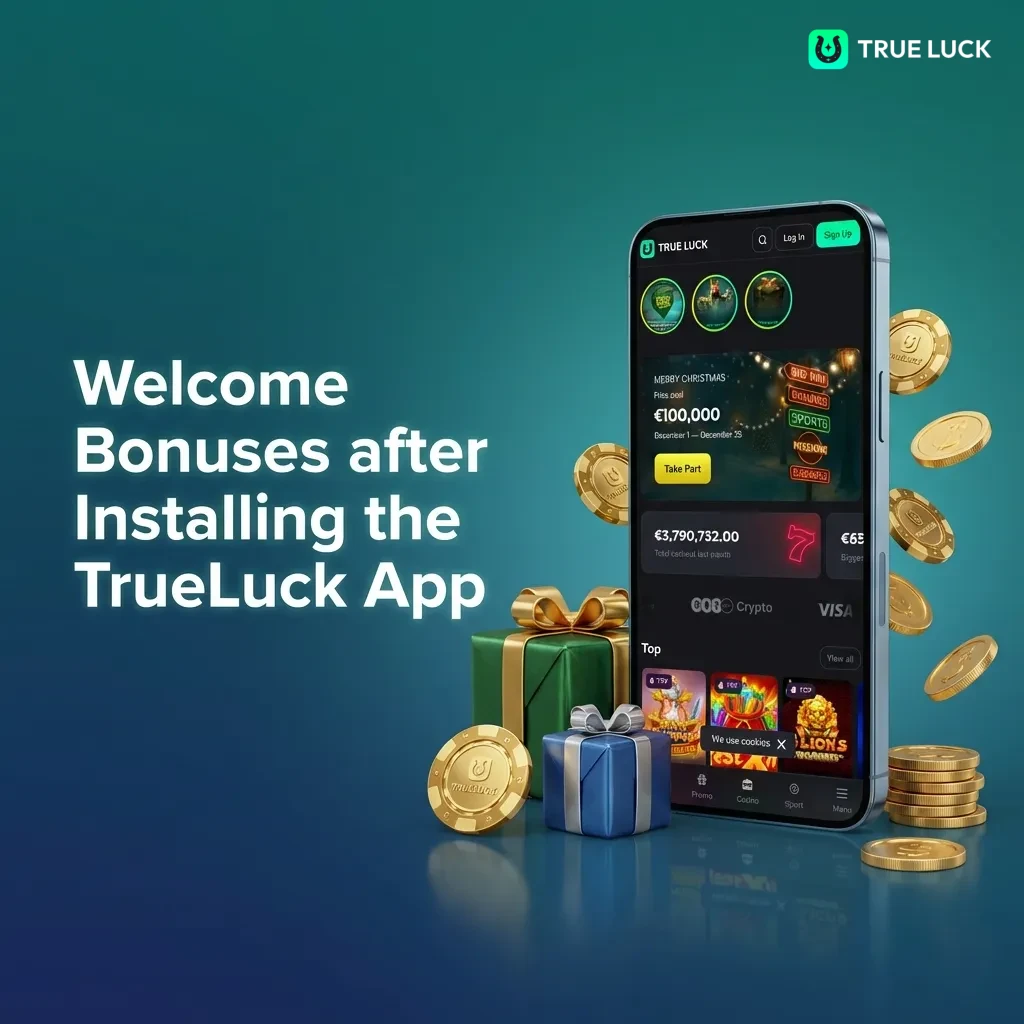 TrueLuck app welcome bonuses for slots, live casino, and sports displayed with percentages and bonus amounts