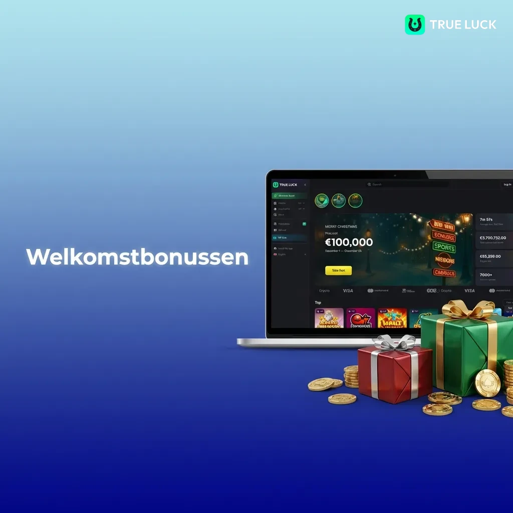 Welkomstbonussen tabel met drie categorieën: Slots, Live Casino en Sport, inclusief bonuspercentages en voorwaarden.