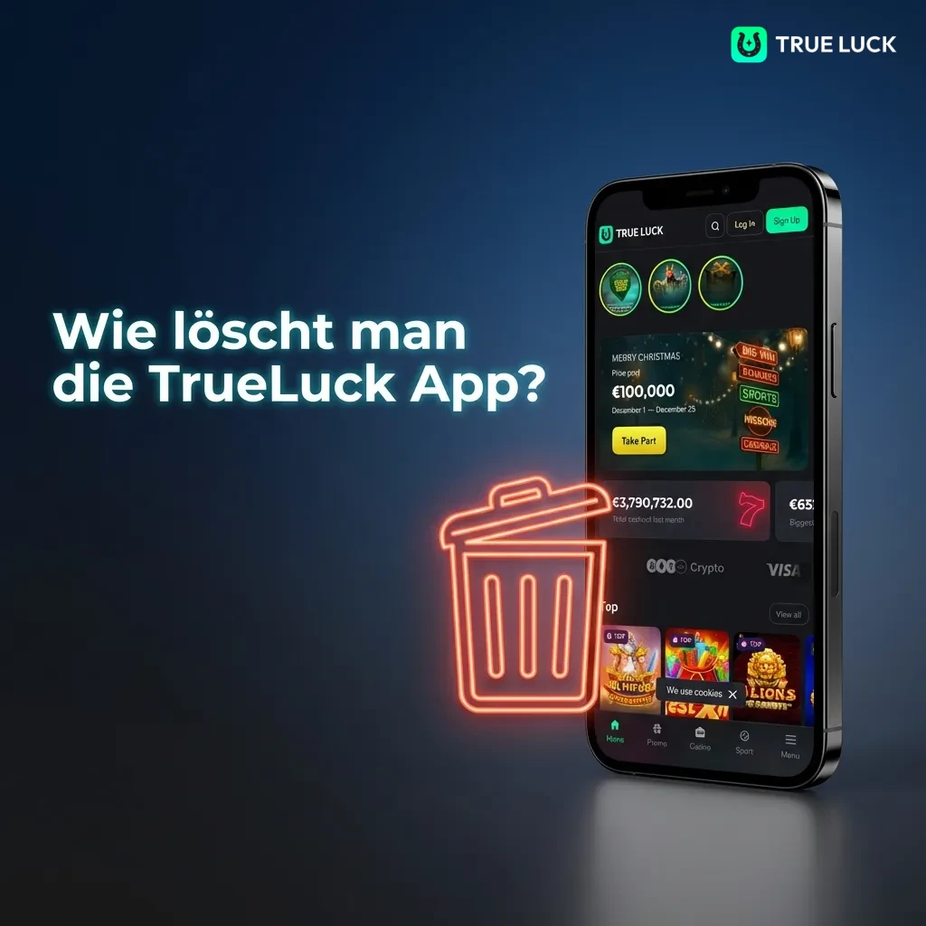 Smartphone screen showing app uninstall process with finger pressing and dragging TrueLuck app icon to remove