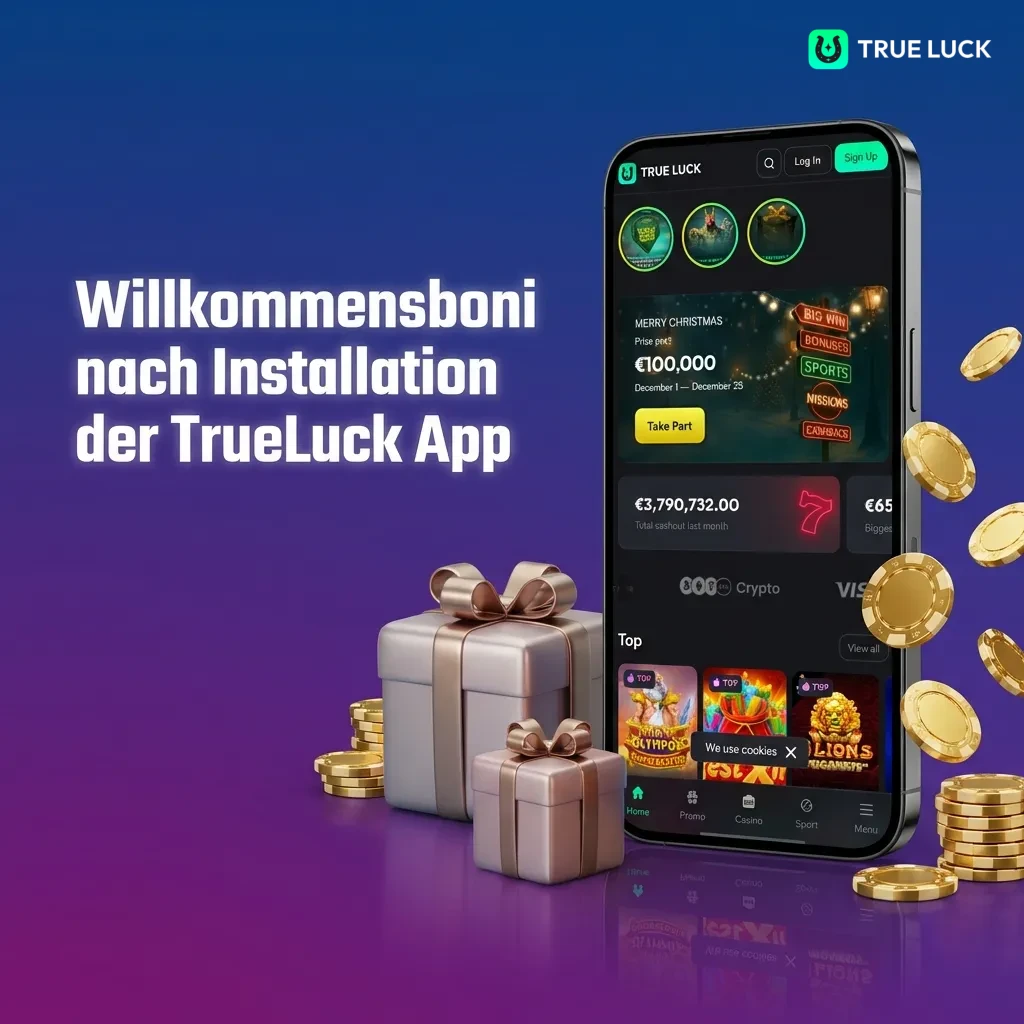 TrueLuck App welcome bonuses: slot, live casino, and sports betting bonus options displayed on mobile interface